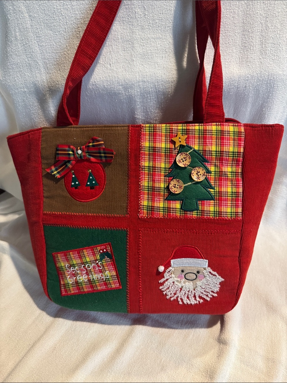 Kim Rogers Festive Patchwork Red Holiday Tote Bag with Christmas Appliqués